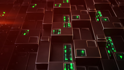 Futuristic technology red panel with digital code 3D rendering