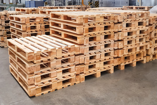 Wooden pallets in the production warehouse