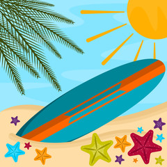 Fototapeta na wymiar Surfboard on a sea landscape. Vactions time - Vector illustration