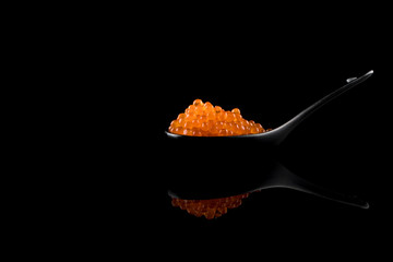 Caviar, Red Caviar in Black Appetixer spoon with reflections