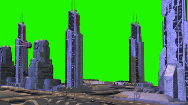 Rendering 3D su Chroma Key Background di piccoli aerei a reazione in volo tra fantascienza skyscr