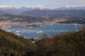 Fototapeta na wymiar Panoramic view of La Spezia in Liguria shot from above. A cruise ship in the port, numerous moored sailboats and commercial port cranes..