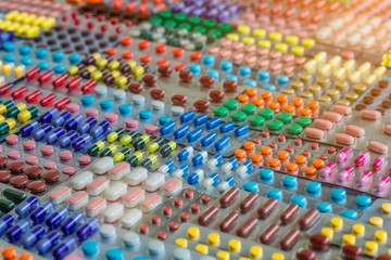 Drug prescription for treatment medication. Pharmaceutical medicament, cure in container for health. Pharmacy theme, capsule pills with medicine antibiotic in packages.