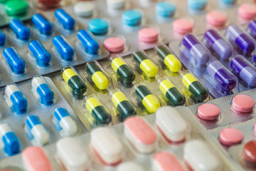 Drug prescription for treatment medication. Pharmaceutical medicament, cure in container for...