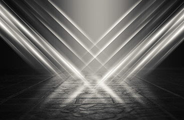 Empty background scene. Dark reflection of the street on wet asphalt. Rays of neon light in the dark, smoke. Background of an empty stage show. Abstract dark background.