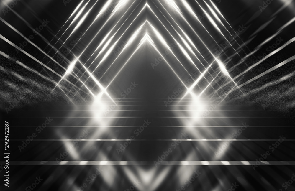 Leinwandbilder Empty background scene. Dark reflection of the street on wet asphalt. Rays of neon light in the dark, smoke. Background of an empty stage show. Abstract dark background.