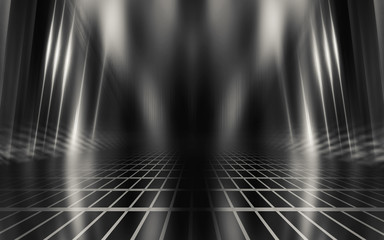Empty background scene. Dark reflection of the street on wet asphalt. Rays of neon light in the dark, smoke. Background of an empty stage show. Abstract dark background.