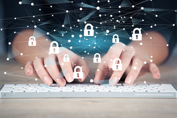 woman hand keyboard with lock network in screen
