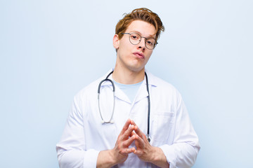 young red head doctor scheming and conspiring, thinking devious tricks and cheats, cunning and...