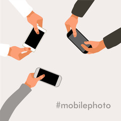 Hands with smartphones tapping,searching.mockup Vector digital illustration in flat useful for social networks advertising,events,prints