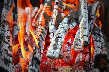 Firewood burning in the grill. Close-up. Background. Texture.