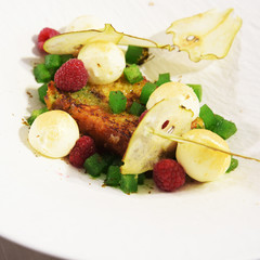 pear and raspberry dessert with vanilla balls