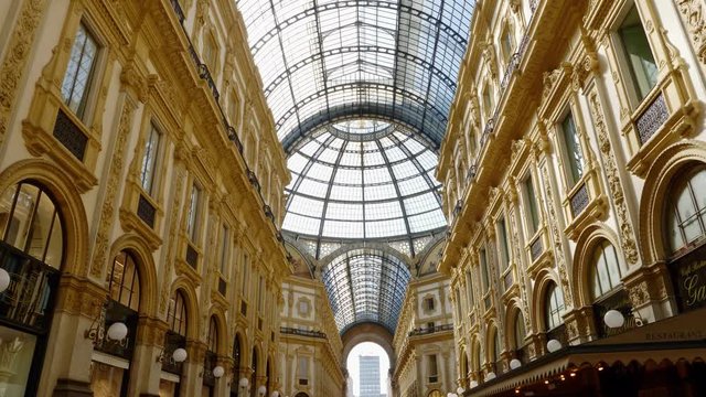 Fixed shot of Galleria Vittorio Emanuele II in Milan (Italy), shot from the bottom up.