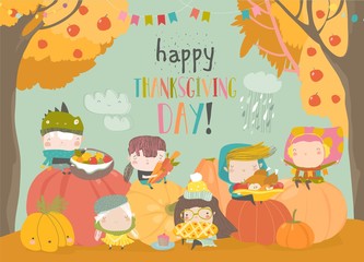 Fototapeta premium Cartoon children harvesting in autumn garden. Happy Thanksgiving Day