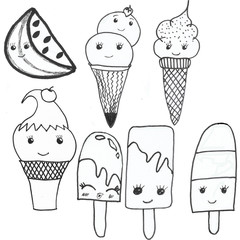 black and white drawing of different ice cream eskino and horn coloring
