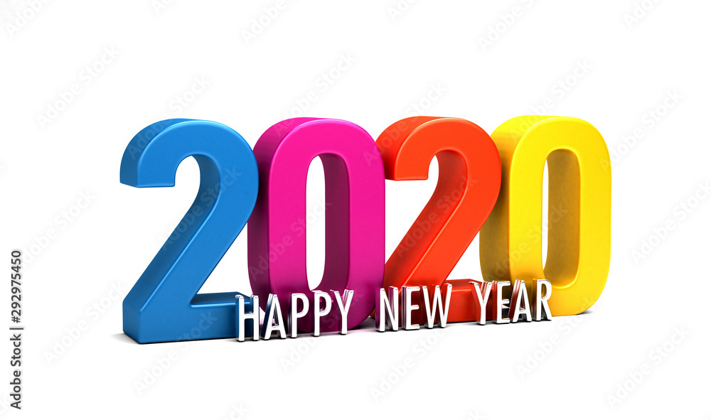 Wall mural happy new year 2020 colorful numbers with text holiday greeting card background . 3d render illustra