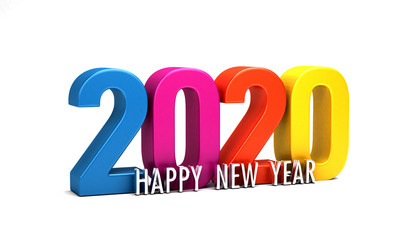 Happy New Year 2020 colorful numbers with text holiday greeting card background . 3D Render Illustration