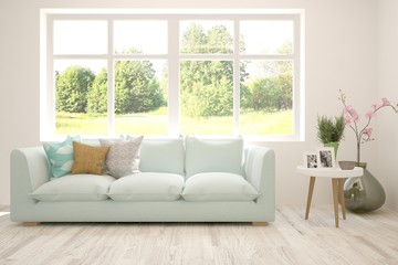 Stylish room in white color with sofa and summer landscape in window. Scandinavian interior design. 3D illustration