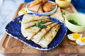 Quesadillas and Samosas with Chutney 
