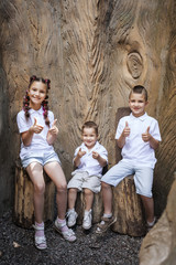 three emotional cute children wearing white shirts sitting on the stumps near the stem of the tree in the park. concept of love and family
