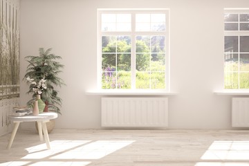 Stylish empty room in white color with summer landscape in window. Scandinavian interior design. 3D illustration