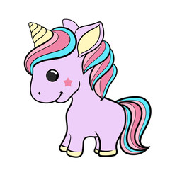 Unicorn vector icon isolated white. Horse sticker, patch badge. Magic cartoon fantasy cute animal. Rainbow hair. Dream symbol. Design for children
