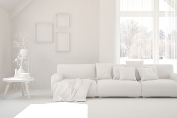Mock up of stylish room in white color with sofa and winter landscape in window. Scandinavian interior design. 3D illustration