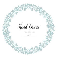 Hand drawn painted watercolor wreath. Floral round frame leaves and branches thank you card.