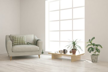 Stylish room in white color with armchair. Scandinavian interior design. 3D illustration