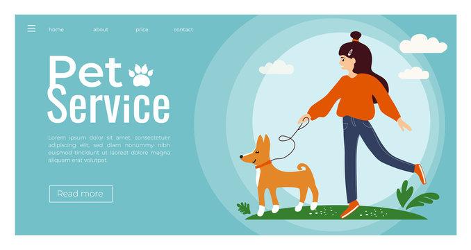 Vector illustration of young cute girl walking with a Basenji dog. Template for pet service, sitter, walker, vet clinic, pet care, hospital, dog shelter. Design for poster, banner, flyer, web, advert.