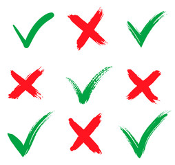 Check marks icons. accept and reject. Isolated on white background. Vector Illustration. Tick and cross brush signs.