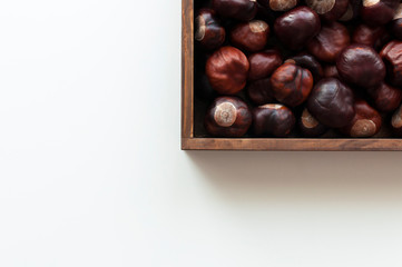 Top view of simply autumn arrangement with brown chestnuts in dark wooden box. White table. Copy space.