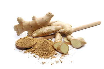 Ginger powder in wooden spoon and fresh slice root isolated on white background,  Zingiber...
