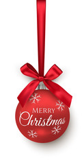 Red Christmas ball with bow and ribbon isolated on white background. Vector Christmas and New Year design element.