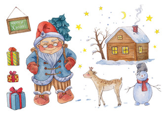 watercolor christmas set with a gnome