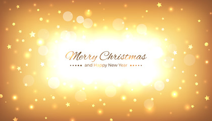 Merry christmas greeting card. Happy new year vector illustration. Design template with light festive golden background. Bokeh golden christmas background. Vector holiday illustration