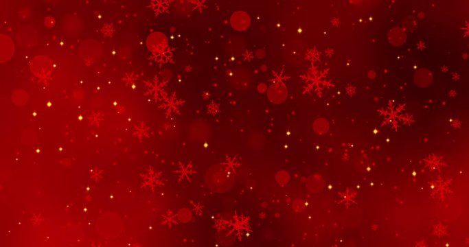 Red confetti, snowflakes and bokeh lights on the red Christmas background.