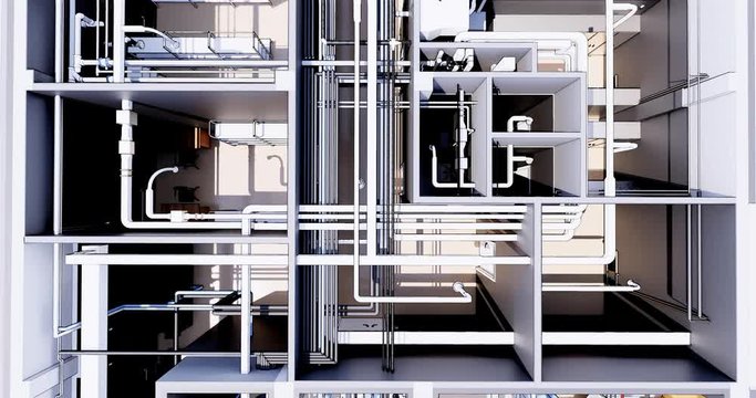 3D BIM model of the floor plan of a building with utilities Top view