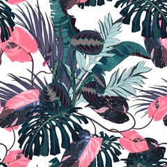 Exotic leaves, pink liana branches, bananas and many kinds of plant seamless pattern. White background.