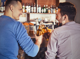 Two guys having fun together in pub