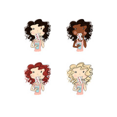 Set Brunette Blonde African American Red Hair Pills Girls Isolated On A White Background Hand Drawn Illustration