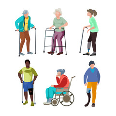 People with disabilities in the style vector illustrations. Disabled, broken leg