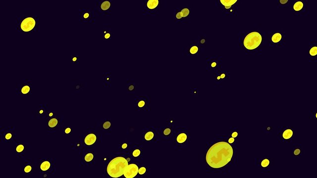 Golden dollar coins falling down on dark background. Looping cartoon animation of money rain for success business concept. Deposit, investment and saving symbol.