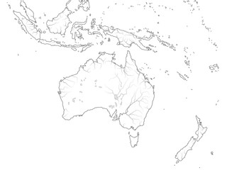 World Map of AUSTRALASIA REGION: Australia, New Guinea, New Zealand, Oceania, Indonesia, Polynesia, Pacific Ocean. Geographic chart with coastline, archipelago, coral reefs & seas, isles & islands.