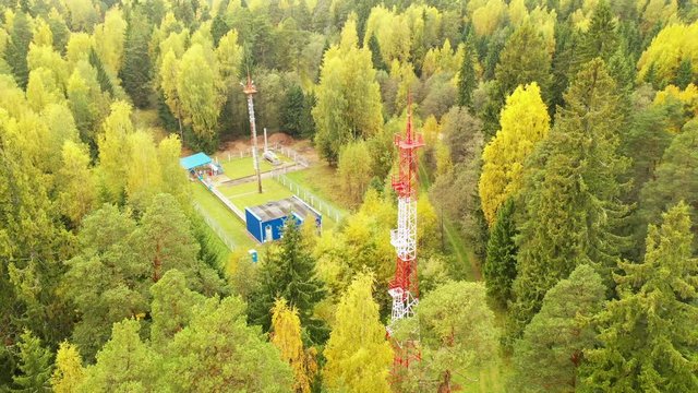 Gas substation in aerial forest. Gas in the forest aerial.