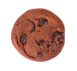 Double chocolate chip cookies isolated on white background. Cookies with chocolate drops. Sweet biscuits. Homemade pastry. Top view.