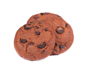 Double chocolate chip cookies isolated on white background. Cookies with chocolate drops. Sweet biscuits. Homemade pastry.