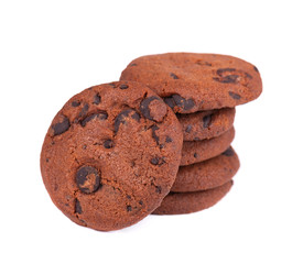 Double chocolate chip cookies isolated on white background. Cookies with chocolate drops. Sweet biscuits. Homemade pastry.