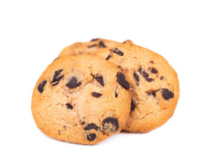 Chocolate chip cookie isolated on white background. Cookies with chocolate drops. Sweet biscuits. Homemade pastry.