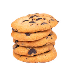 Chocolate chip cookie isolated on white background. Cookies with chocolate drops. Sweet biscuits. Homemade pastry.